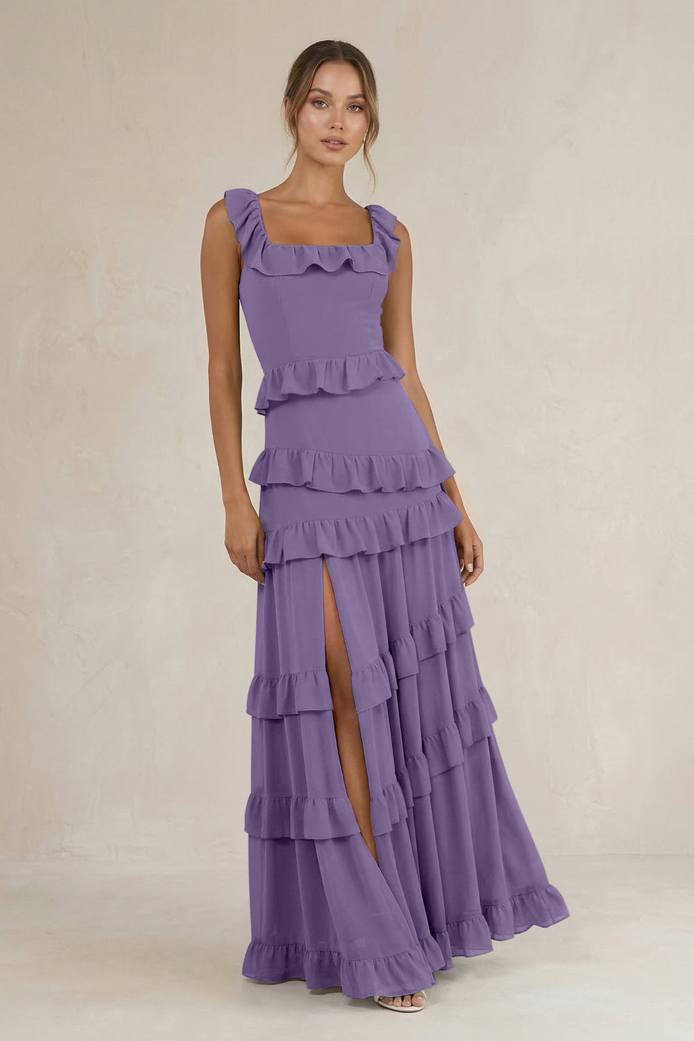 Tiered Square Neck Ruffled A-Line Bridesmaid Dress in Tahiti
