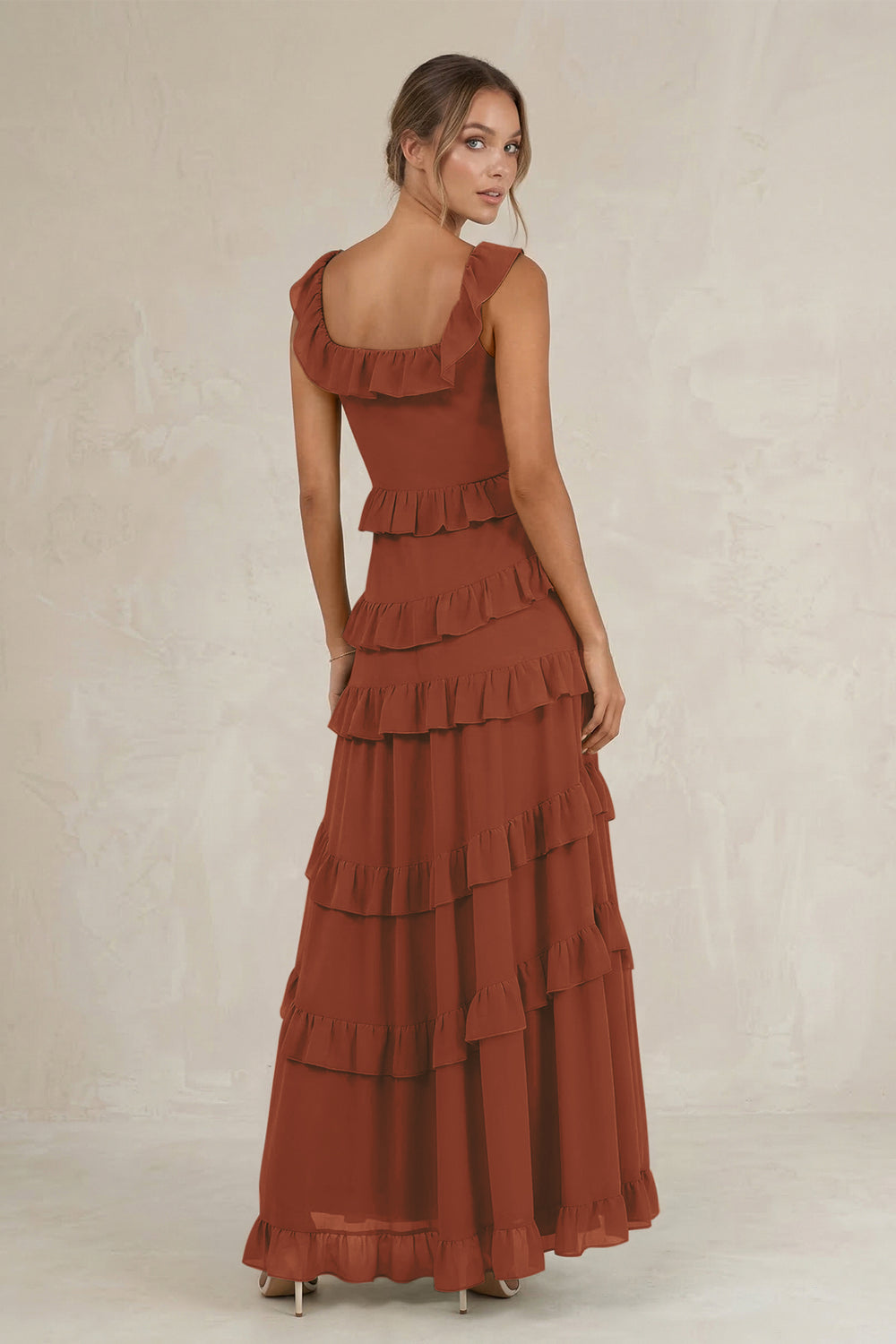 Tiered Square Neck Ruffled A-Line Bridesmaid Dress in Terracotta