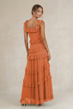 Tiered Square Neck Ruffled A - Line Bridesmaid Dress in Terracotta - SHE IS ME Bridesmaid Dresses