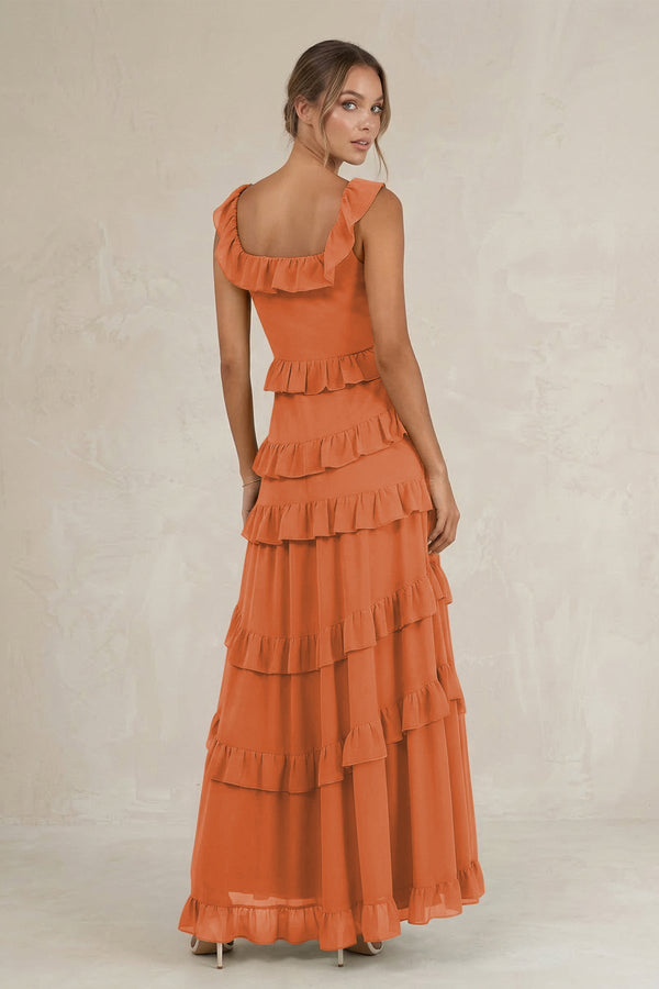 Tiered Square Neck Ruffled A - Line Bridesmaid Dress in Terracotta - SHE IS ME Bridesmaid Dresses