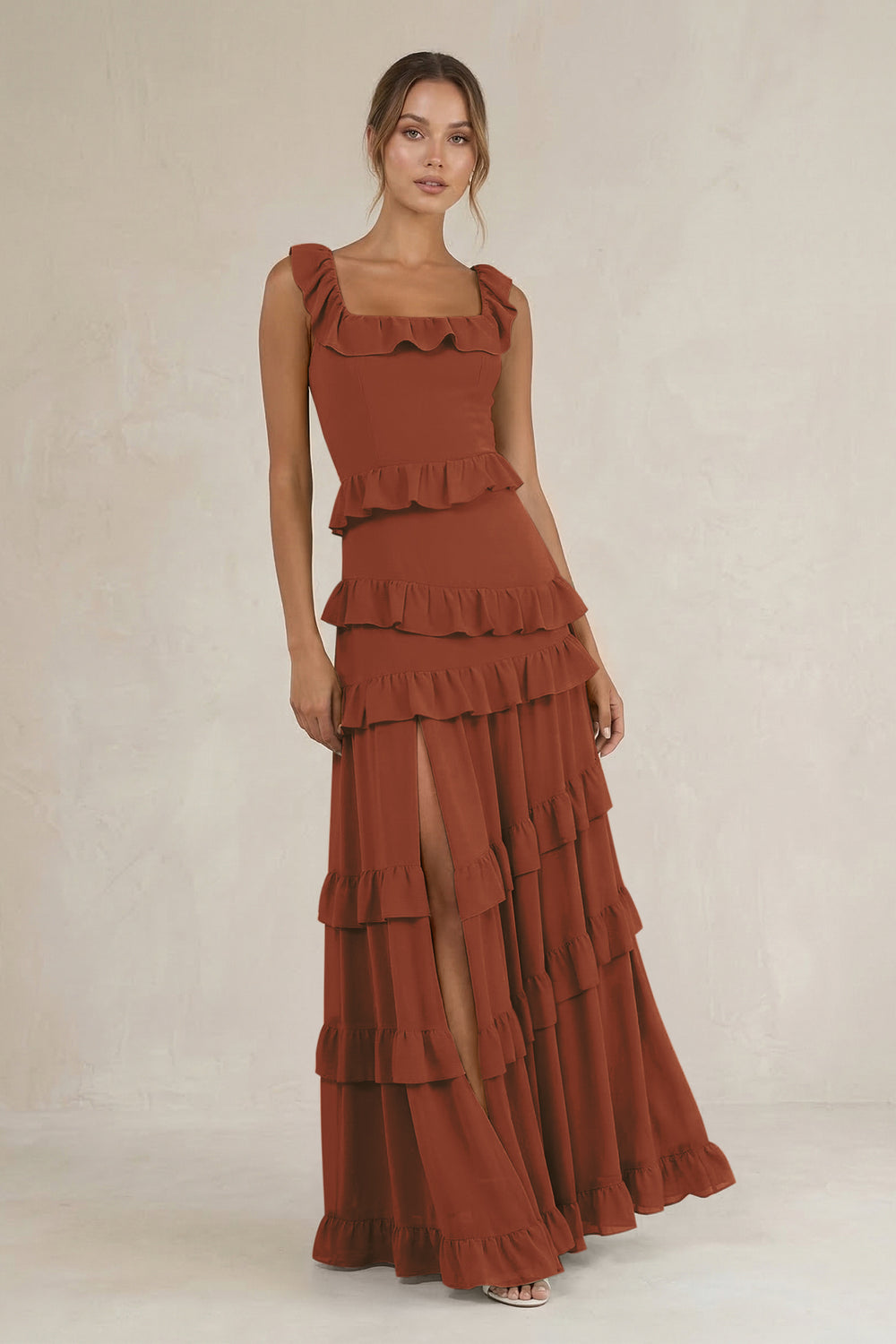 Tiered Square Neck Ruffled A-Line Bridesmaid Dress in Terracotta