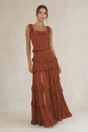 Tiered Square Neck Ruffled A-Line Bridesmaid Dress in Terracotta | KISSBRIDAL