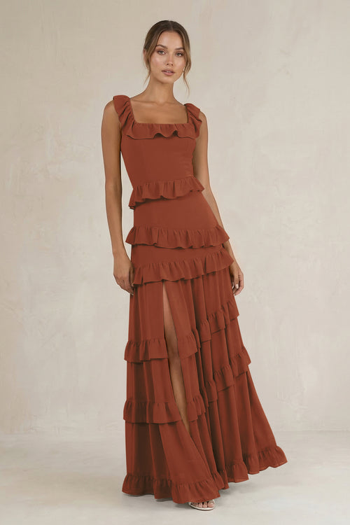 Tiered Square Neck Ruffled A-Line Bridesmaid Dress in Terracotta | KISSBRIDAL