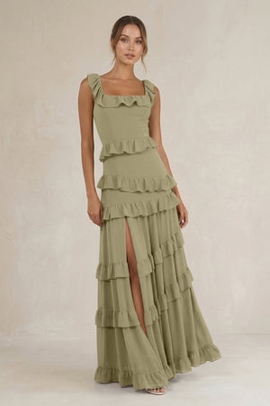 Tiered Square Neck Ruffled A - Line Bridesmaid Dress in Thyme - SHE IS ME Bridesmaid Dresses