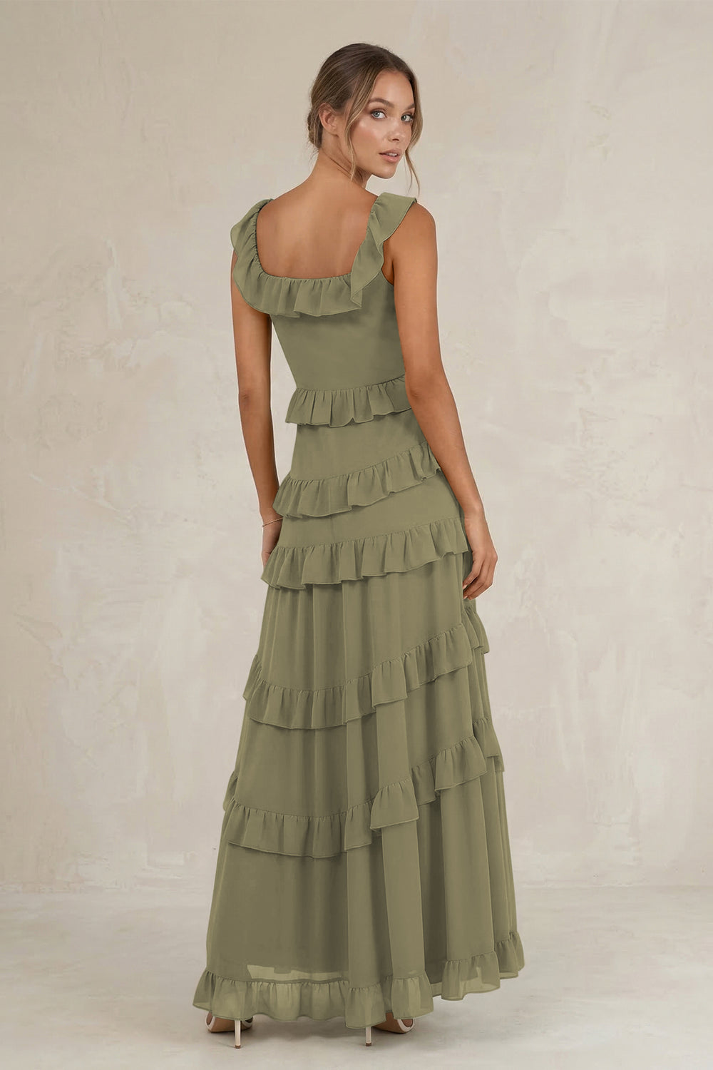 Tiered Square Neck Ruffled A-Line Bridesmaid Dress in Thyme