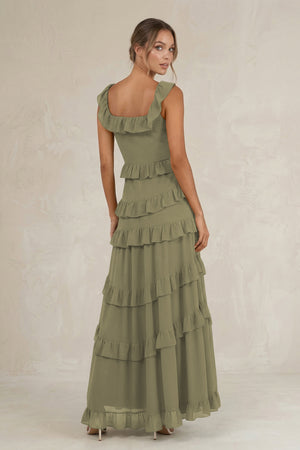 Tiered Square Neck Ruffled A-Line Bridesmaid Dress in Thyme (2) | KISSBRIDAL