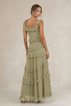 Tiered Square Neck Ruffled A - Line Bridesmaid Dress in Thyme - SHE IS ME Bridesmaid Dresses