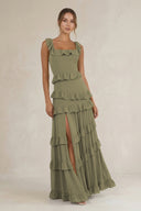 Tiered Square Neck Ruffled A-Line Bridesmaid Dress in Thyme | KISSBRIDAL