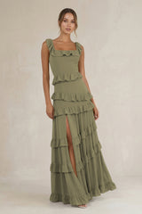 Tiered Square Neck Ruffled A-Line Bridesmaid Dress in Thyme | KISSBRIDAL