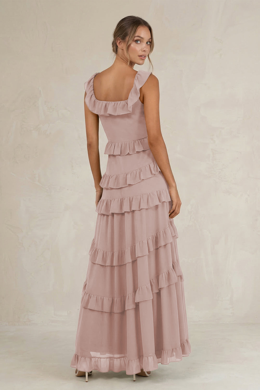 Tiered Square Neck Ruffled A-Line Bridesmaid Dress in Toffee