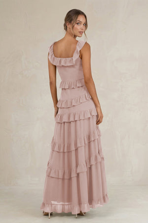 Tiered Square Neck Ruffled A - Line Bridesmaid Dress in Toffee - SHE IS ME Bridesmaid Dresses