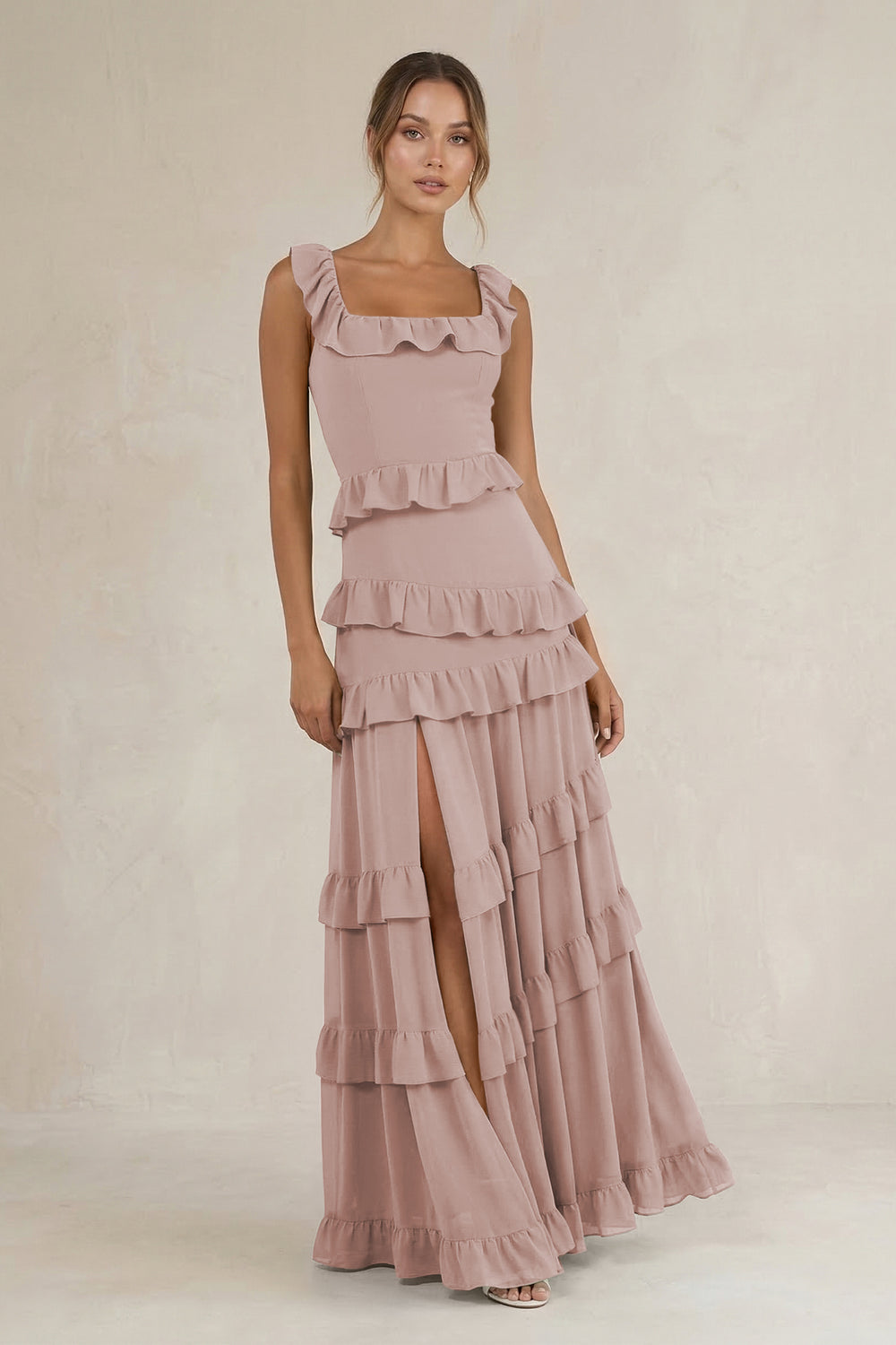 Tiered Square Neck Ruffled A-Line Bridesmaid Dress in Toffee