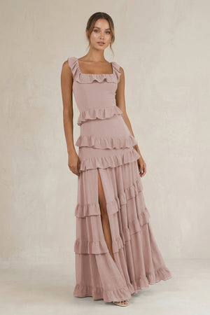 Tiered Square Neck Ruffled A-Line Bridesmaid Dress in Toffee | KISSBRIDAL