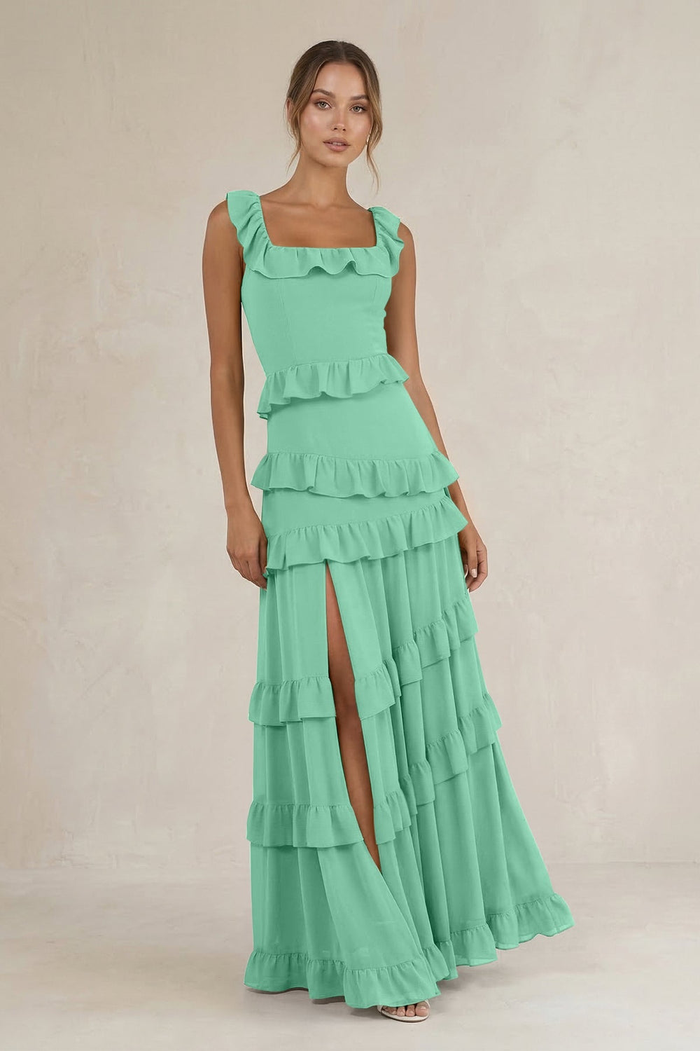Tiered Square Neck Ruffled A - Line Bridesmaid Dress in Turquoise - KISS BRIDAL Bridesmaid Dresses