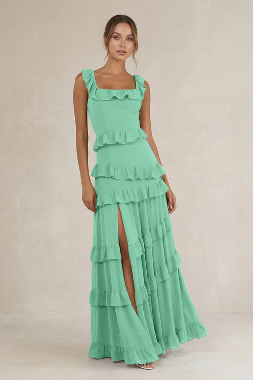 Tiered Square Neck Ruffled A - Line Bridesmaid Dress in Turquoise - SHE IS ME Bridesmaid Dresses
