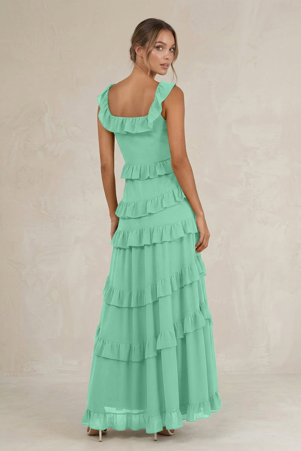 Tiered Square Neck Ruffled A - Line Bridesmaid Dress in Turquoise - KISS BRIDAL Bridesmaid Dresses