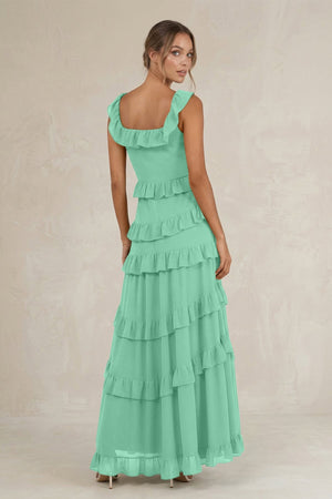 Tiered Square Neck Ruffled A - Line Bridesmaid Dress in Turquoise - SHE IS ME Bridesmaid Dresses