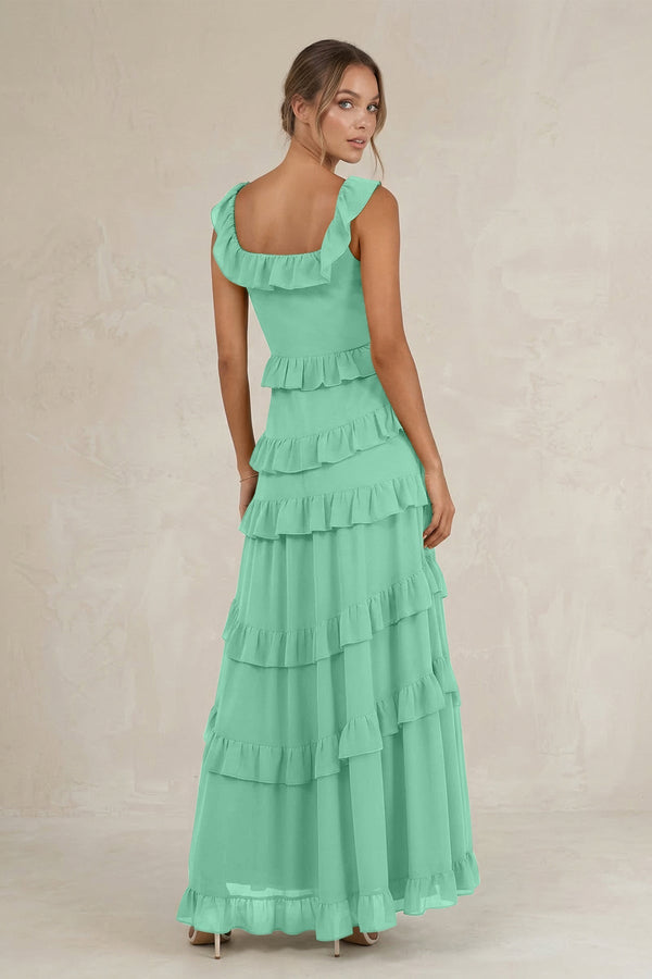 Tiered Square Neck Ruffled A - Line Bridesmaid Dress in Turquoise - SHE IS ME Bridesmaid Dresses