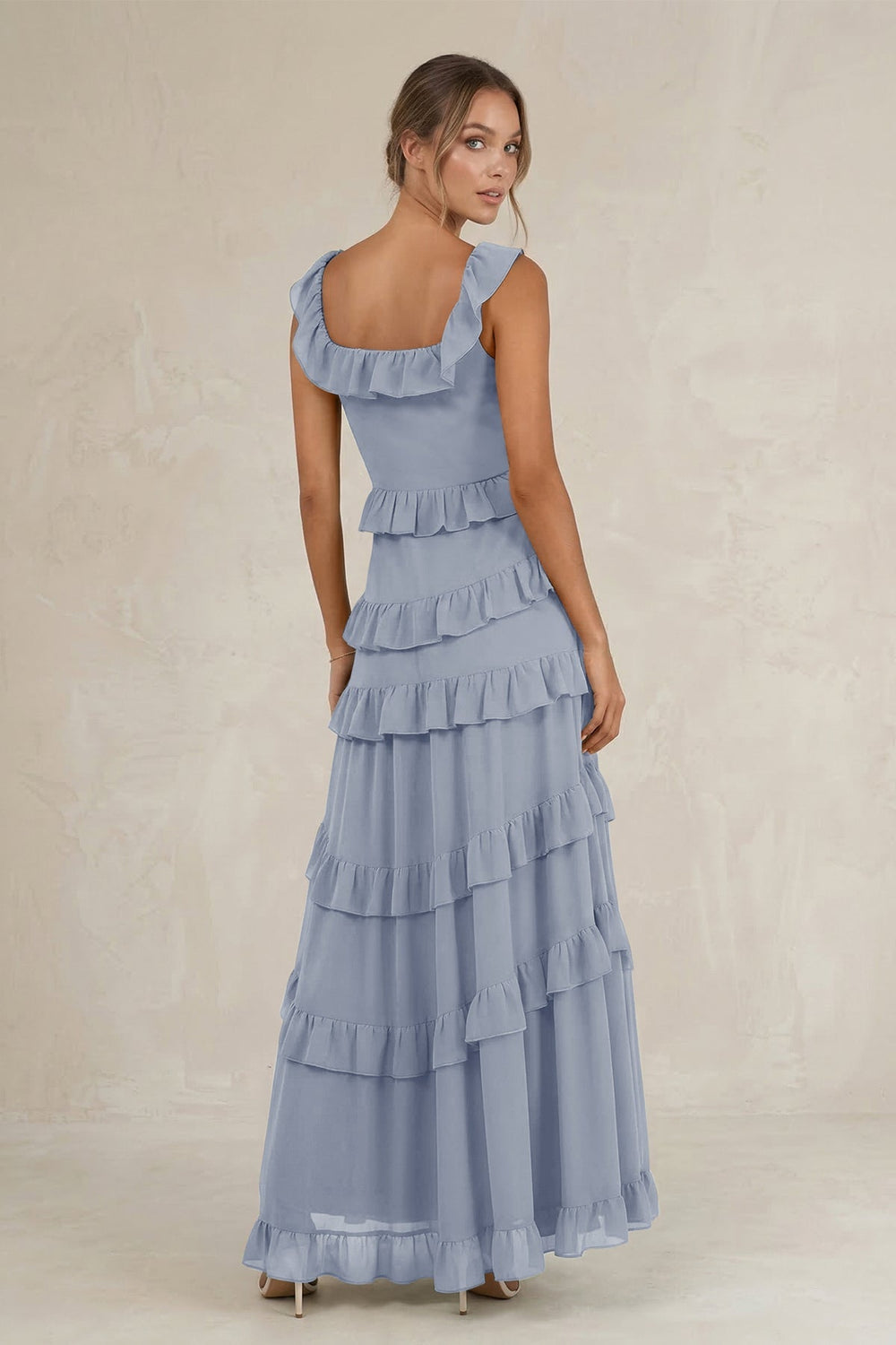 Tiered Square Neck Ruffled A - Line Bridesmaid Dress in Twilight - KISS BRIDAL Bridesmaid Dresses