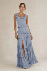 Tiered Square Neck Ruffled A - Line Bridesmaid Dress in Twilight - KISS BRIDAL Bridesmaid Dresses