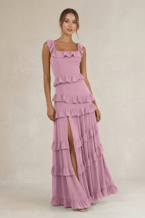 Tiered Square Neck Ruffled A - Line Bridesmaid Dress in Vintage Mauve - SHE IS ME Bridesmaid Dresses