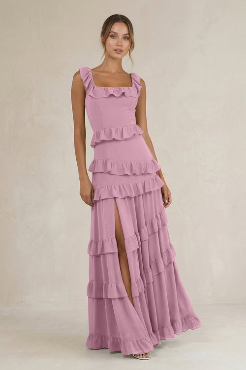 Tiered Square Neck Ruffled A - Line Bridesmaid Dress in Vintage Mauve - SHE IS ME Bridesmaid Dresses
