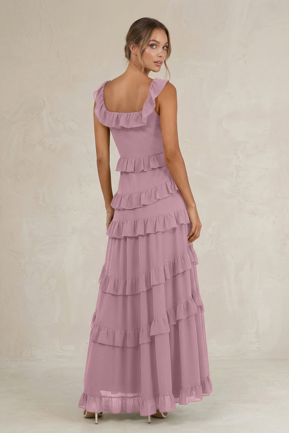 Tiered Square Neck Ruffled A-Line Bridesmaid Dress in Vintage Mauve
