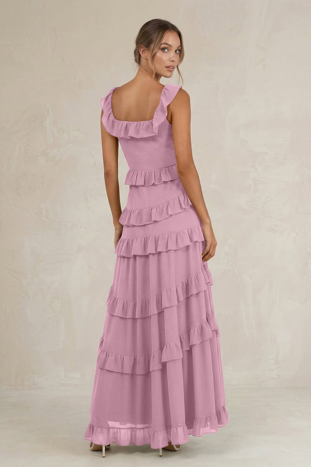 Tiered Square Neck Ruffled A - Line Bridesmaid Dress in Vintage Mauve - KISS BRIDAL Bridesmaid Dresses