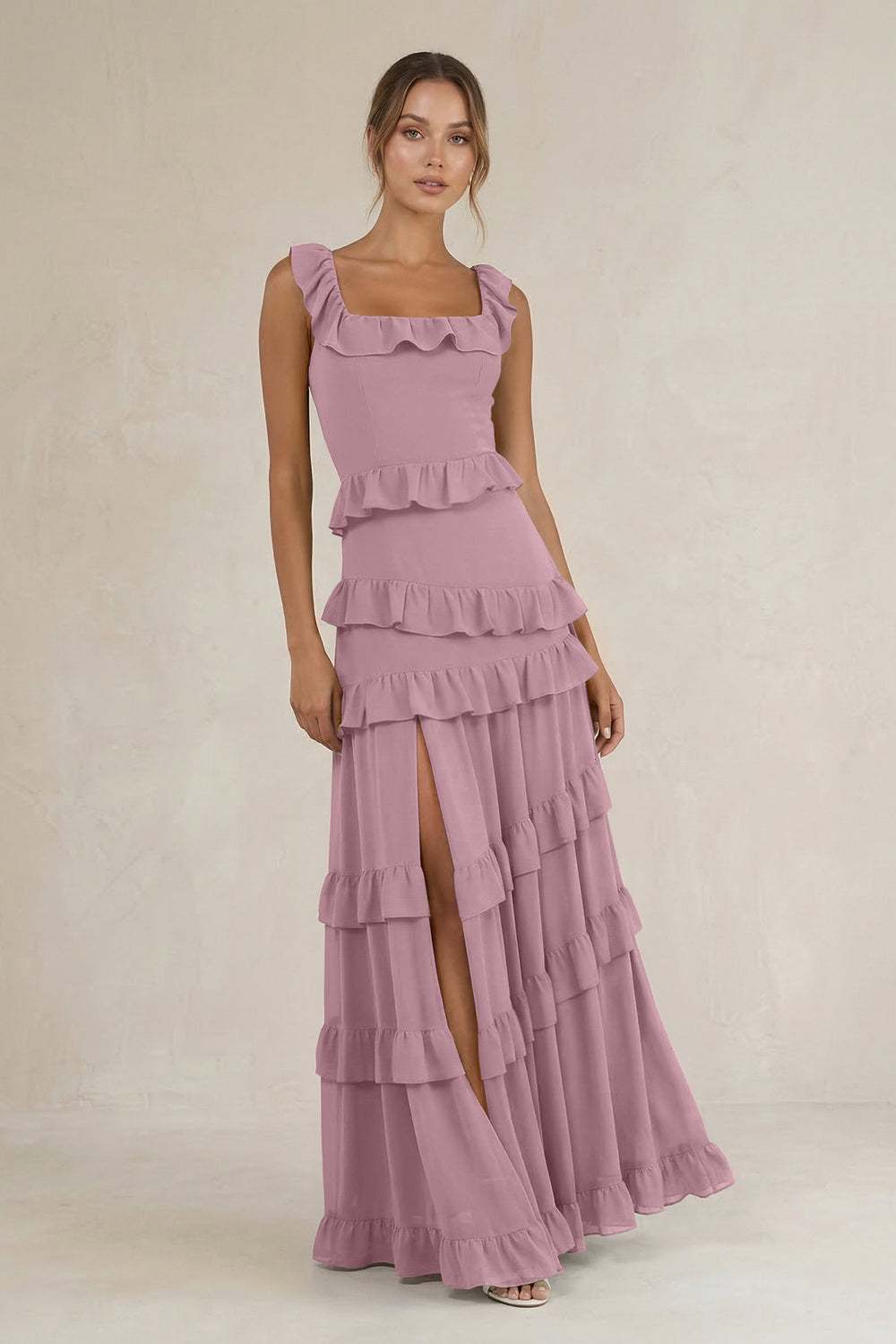 Tiered Square Neck Ruffled A-Line Bridesmaid Dress in Vintage Mauve