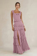 Tiered Square Neck Ruffled A-Line Bridesmaid Dress in Vintage Mauve | KISSBRIDAL