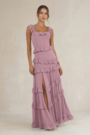 Tiered Square Neck Ruffled A-Line Bridesmaid Dress in Vintage Mauve | KISSBRIDAL