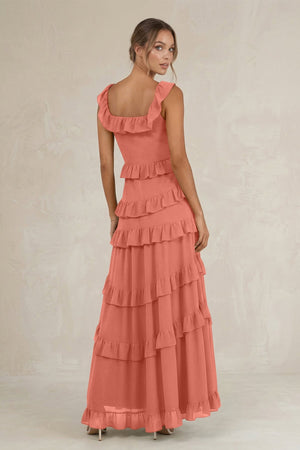 Tiered Square Neck Ruffled A - Line Bridesmaid Dress in Wild Rose - SHE IS ME Bridesmaid Dresses