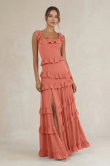 Tiered Square Neck Ruffled A - Line Bridesmaid Dress in Wild Rose - KISS BRIDAL Bridesmaid Dresses
