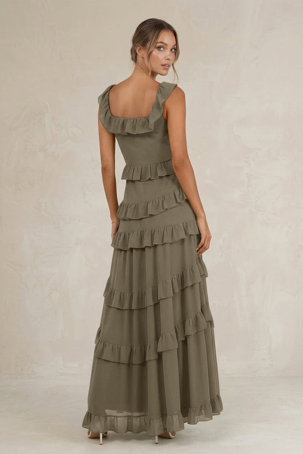 Tiered Square Neck Ruffled A - Line Bridesmaid Dress in Willow Green - SHE IS ME Bridesmaid Dresses