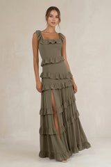Tiered Square Neck Ruffled A - Line Bridesmaid Dress in Willow Green - KISS BRIDAL Bridesmaid Dresses