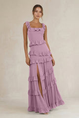 Tiered Square Neck Ruffled A - Line Bridesmaid Dress in Wisteria - KISS BRIDAL Bridesmaid Dresses