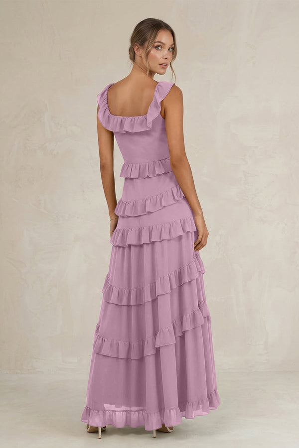 Tiered Square Neck Ruffled A - Line Bridesmaid Dress in Wisteria - SHE IS ME Bridesmaid Dresses