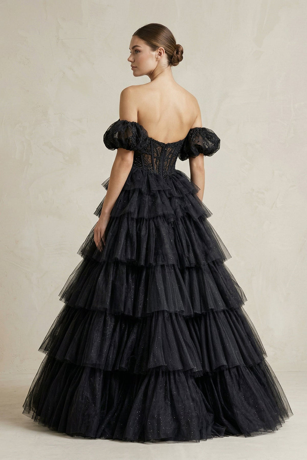 Tiered Tulle Off - the - Shoulder Ball - Gown Wedding Dress in Black - KISS BRIDAL Wedding Dresses