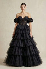 Tiered Tulle Off - the - Shoulder Ball - Gown Wedding Dress in Black - KISS BRIDAL Wedding Dresses