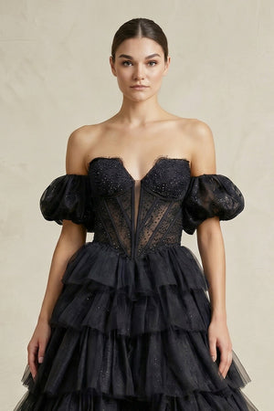 Tiered Tulle Off - the - Shoulder Ball - Gown Wedding Dress in Black - SHE IS ME Wedding Dresses