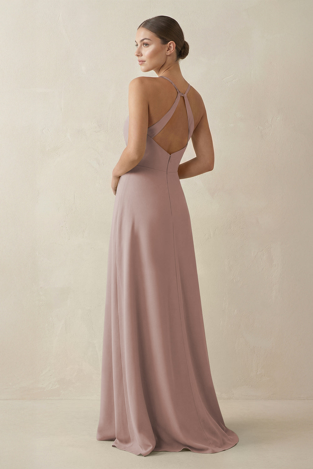 A-Line Chiffon Long Bridesmaid Dress With Slit in Toffee