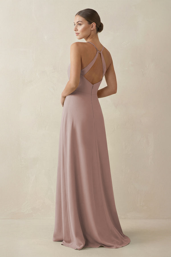 Toffee A-Line Chiffon Long Bridesmaid Dress With Slit (2) | KISSBRIDAL