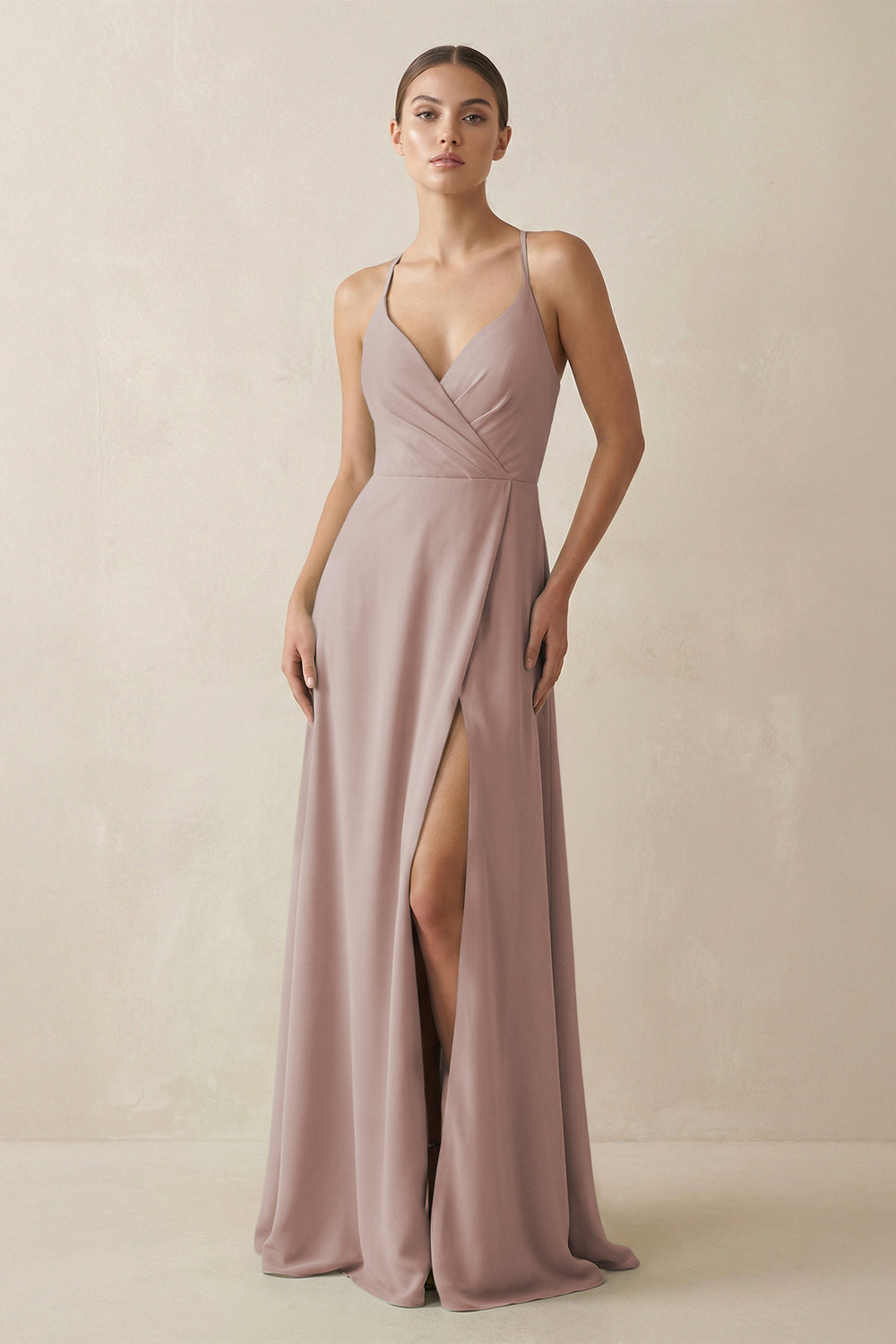 A-Line Chiffon Long Bridesmaid Dress With Slit in Toffee