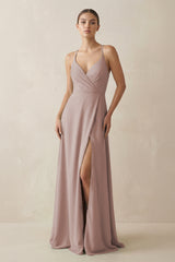 Toffee A-Line Chiffon Long Bridesmaid Dress With Slit | KISSBRIDAL