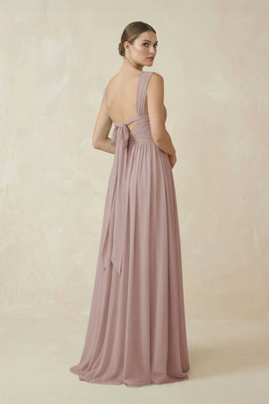 Toffee A-Line Pleated Chiffon Long Bridesmaid Dress (2) | KISSBRIDAL