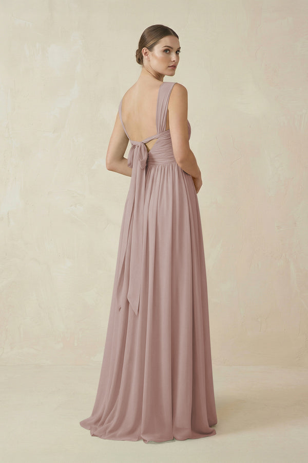Toffee A-Line Pleated Chiffon Long Bridesmaid Dress (2) | KISSBRIDAL