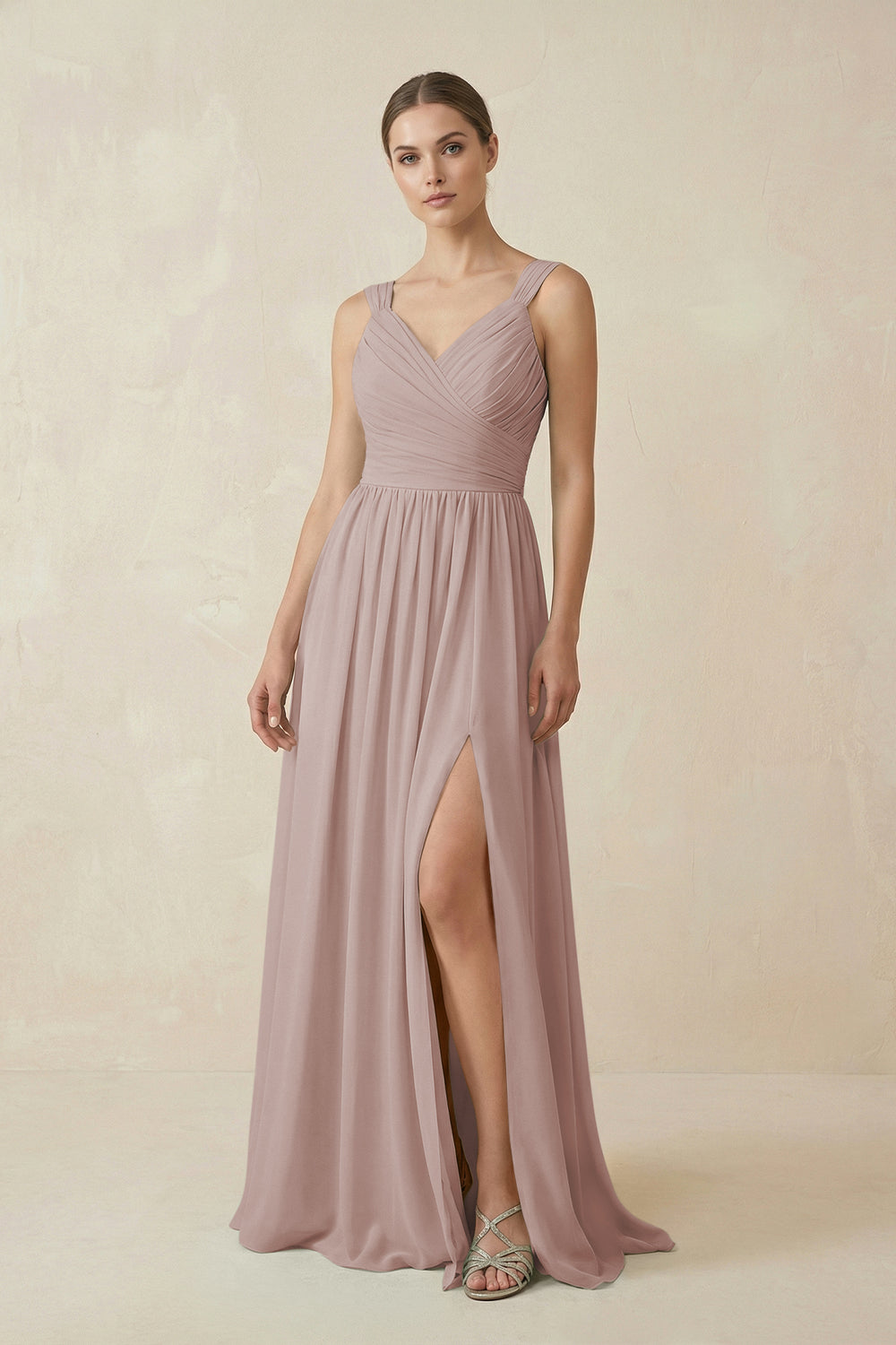 A-Line Pleated Chiffon Long Bridesmaid Dress in Toffee