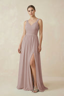 Toffee A-Line Pleated Chiffon Long Bridesmaid Dress | KISSBRIDAL
