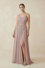 Toffee A-Line Pleated Chiffon Long Bridesmaid Dress | KISSBRIDAL