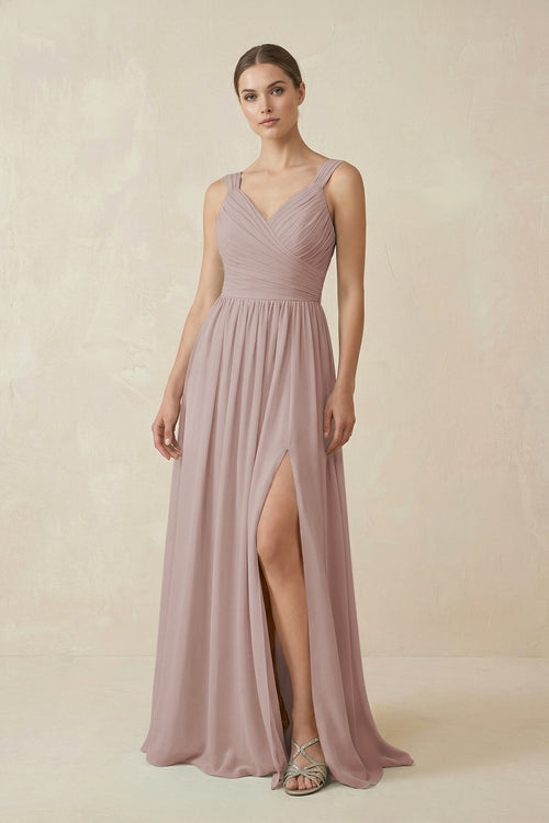 Toffee A-Line Pleated Chiffon Long Bridesmaid Dress | KISSBRIDAL